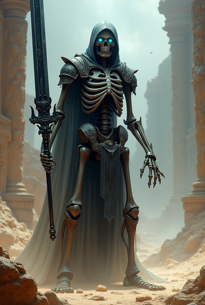 Make a skeleton warrior with a black possessed medium sword, bright blue eyes and desert appearance