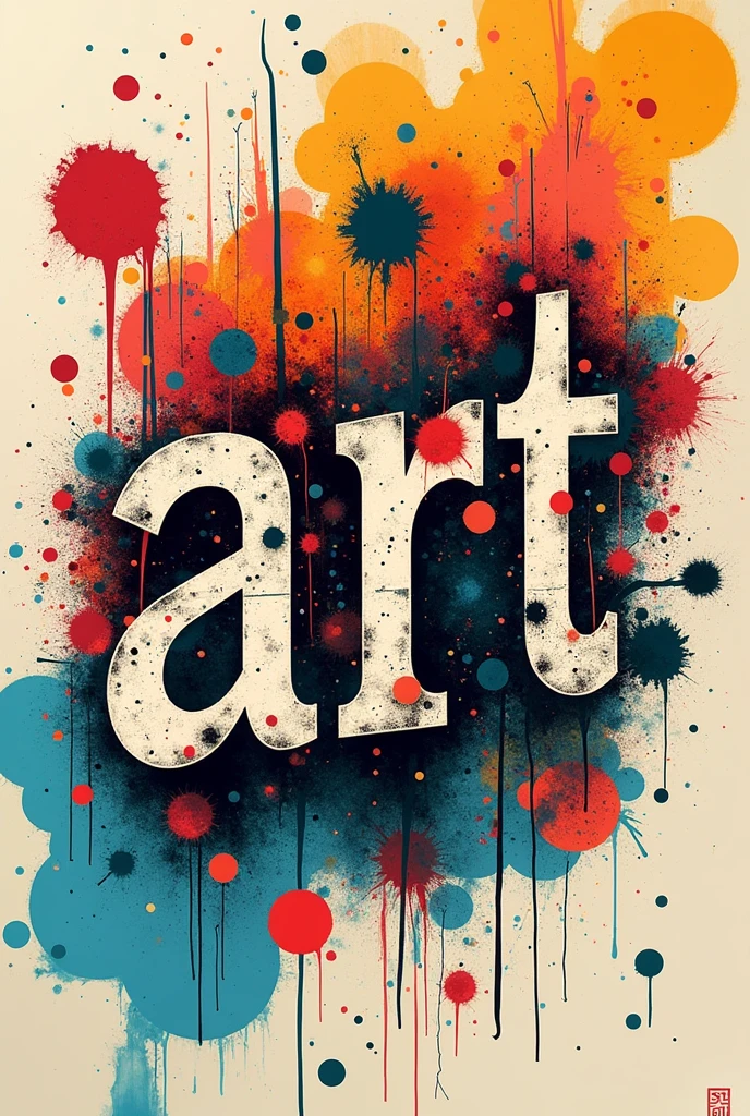 The word ART is made up of a chaotic combination of various fonts and random graphic elements.. The letters are arranged in different sizes and angles, some are broken or incomplete, and there are graphic elements like ink stains, paper cutouts and abstract symbols scattered throughout the design. The color palette is vibrant and messy, with unexpected combinations.