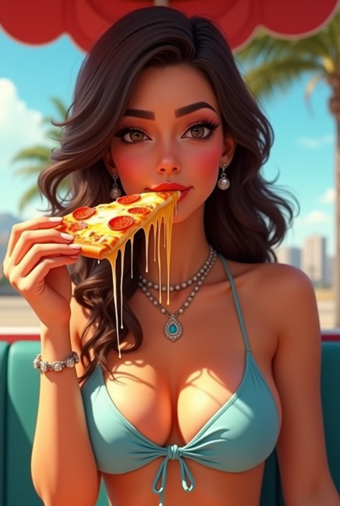 Pizza Movie Title Text="Pizza Party",  Adult Movie Poster starring Beautiful Brunette, light blue bikini and jewelry at the diner, Beautiful Brunette holding a sloppy pizza deep in her mouth. White mozzarella cheese splash on face and dripping off her lips and chin and dripping on her cleavage. Pixar Studio style.