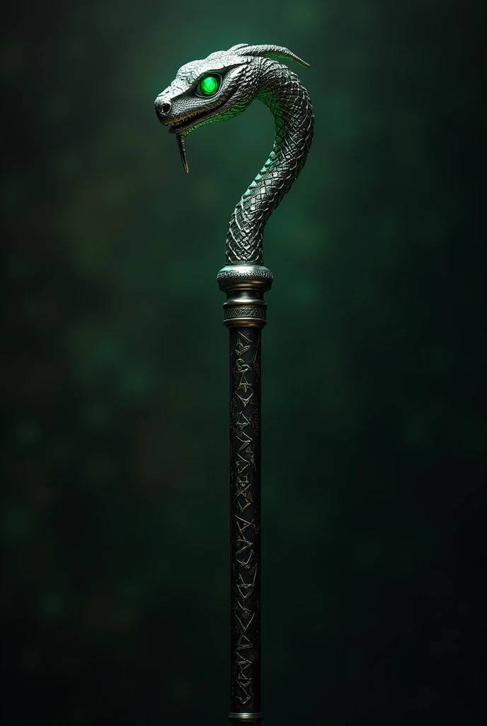 Walking stick with a silver handle in the shape of a snake's head with emerald eyes. The dark wooden part is decorated with runes that glow slightly.. Hides a sharp black metal blade.