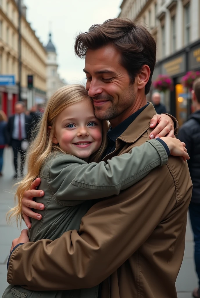 Blonde girl  blue eyes hugging her father dark brown hair and brown eyes on the streets of  london 8k ultrarealistic photorealistic 