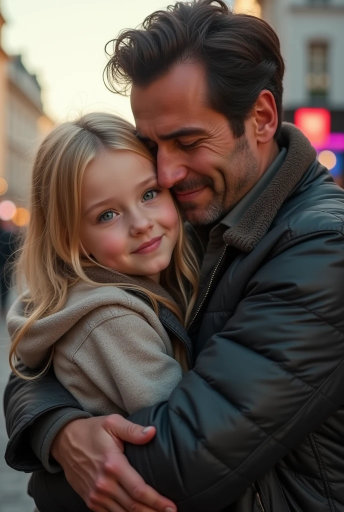 Blonde girl blue eyes hugging her father dark brown hair and brown eyes on the streets of london 8k ultrarealistic photorealistic