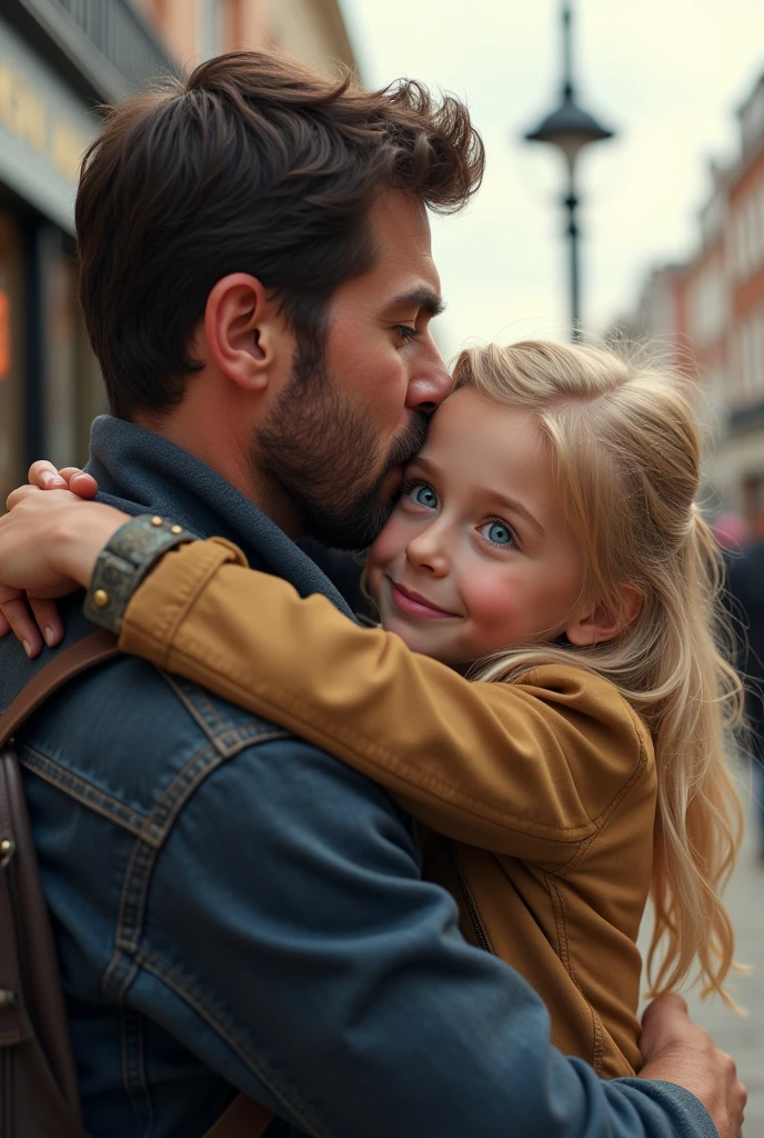 blonde child with blue eyes hugging her father dark brown hair and brown eyes on the streets of NY 8k ultra realistic photorealistic