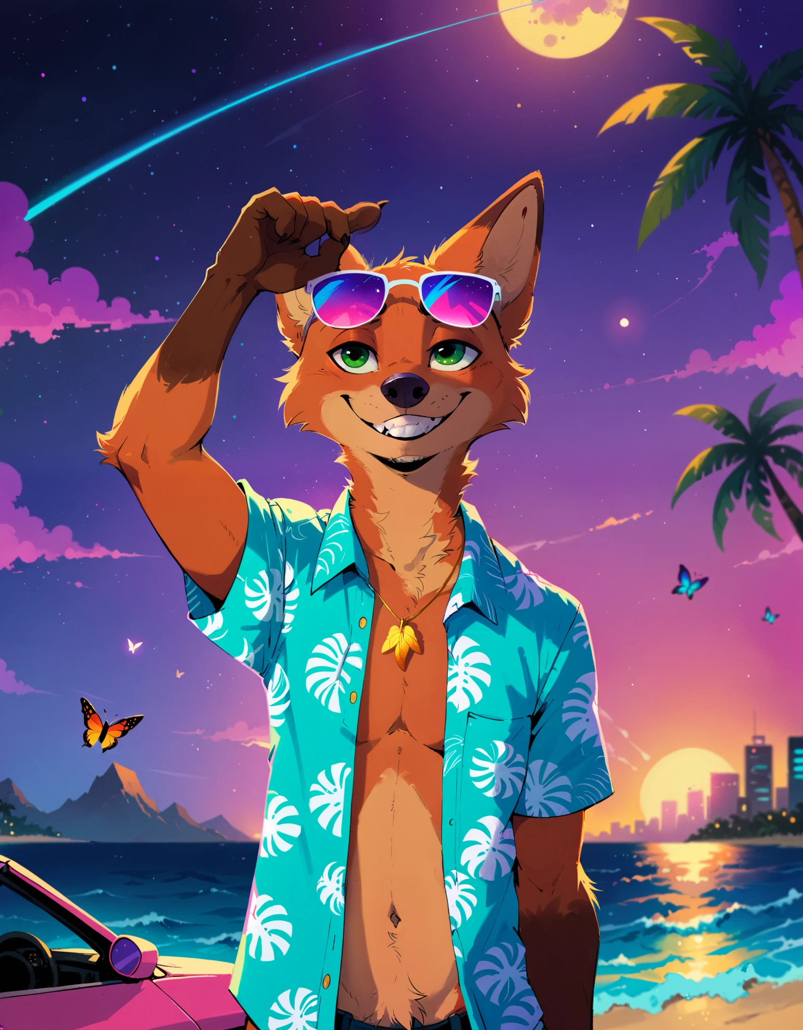 head up, looking_up, half-length portrait, standing, male, nick wilde, sunglasses, hand above head, aloha shirt, smile, teeth, golden necklace, BREAK, vaporwave, subsurface scattering, by Conrad Roset, by M.W. Kaluta, detailed background, detailed foreground, depth of field, ambient silhouette, backlighting, sunset, cityscape, night, planet, beach, plam, cloud, (sport car:0.75), ambient butterfly