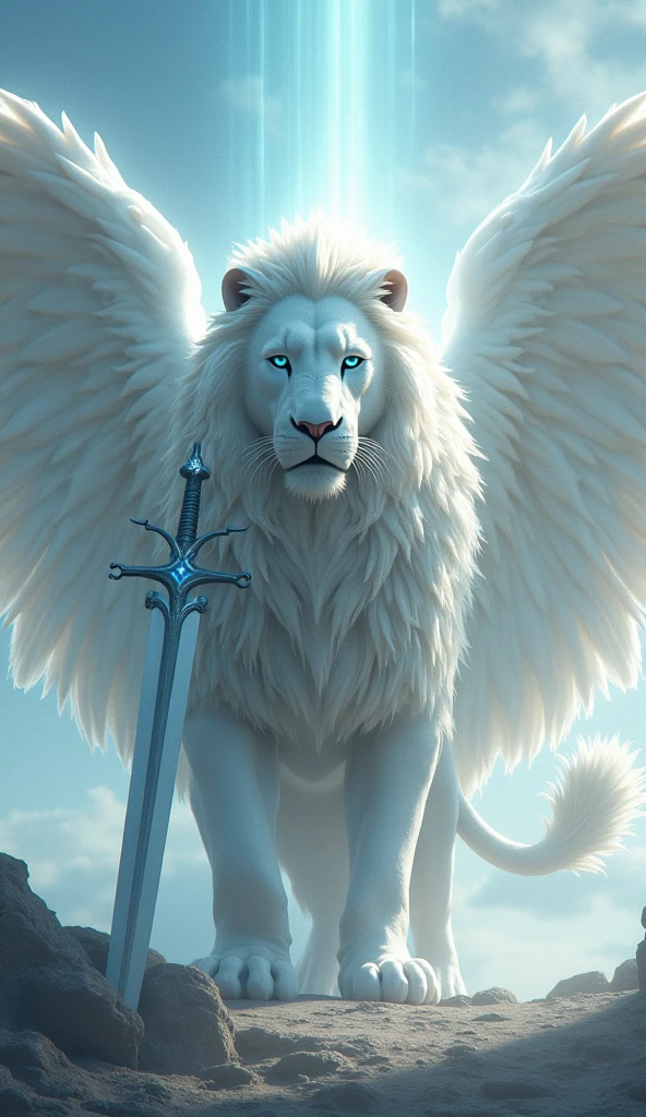 Generate a Super Ultra Realistic 8k image of a beautiful strong white lion with blue eyes, and by your side j. Angel of God with all his light ,and his sword drawn