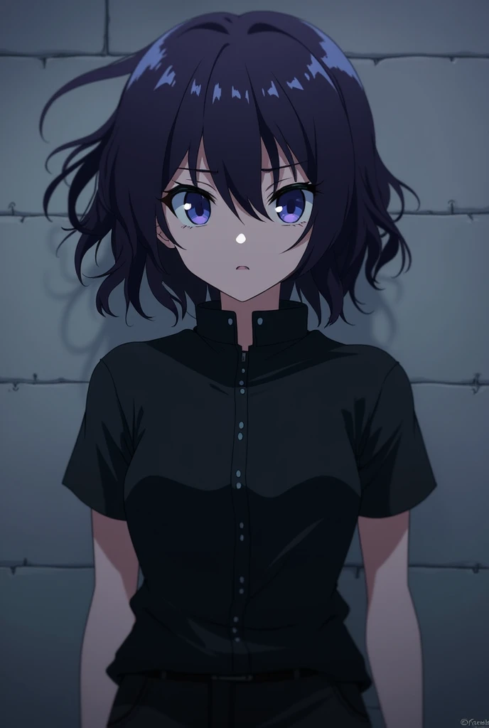 Screenshot of Kaiju no 8.
Dark purple hair girl, wavy and short with a fringe down to the eyes, He has blue eyes with purple and has a serious expression, He is wearing black pants and a black short-sleeved collared shirt..