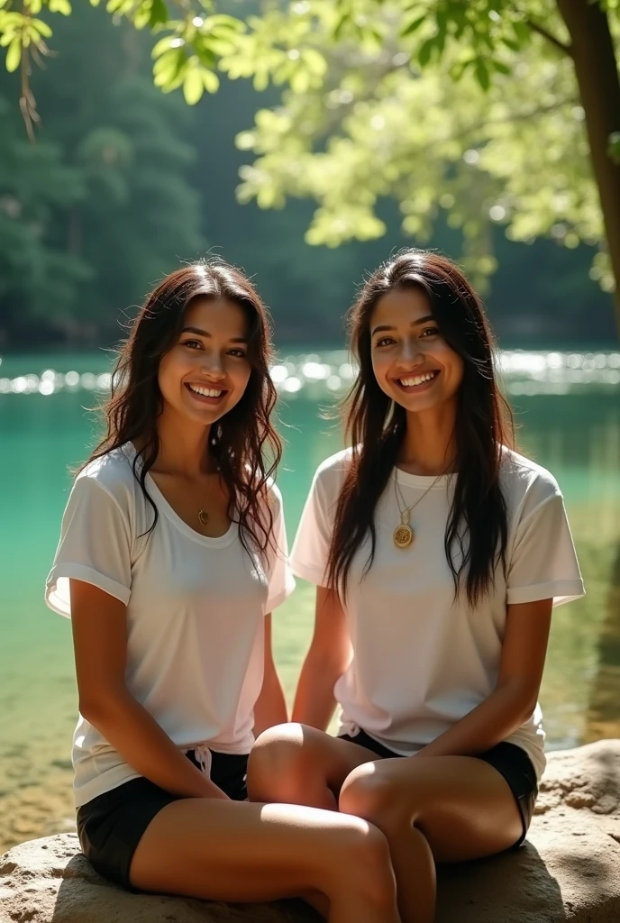Create a realistic photograph of two smiling and beautiful wet hair indian actress in wet white t-shirt and black short pant sitting on two teenager boys shoulders in a water lake in jungle , girls are sitting on top of boys shoulders , girls on top, boys at bottom , two happy couple .