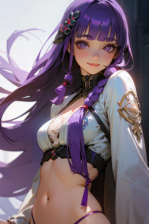 1 person, Blunt bangs, Braiding, Wide sleeves, hair ornaments,Obi says, (Purple Hair:1.2), Very long hair, Straight hair, Looking at the audience, Highly detailed background, (Realistic:1.2), Beautiful Eyes, Red eyeshadow, thigh, (Urzan-6500:0.7), Upper Body, (alone:1.2), (Cyberpunk City:1.1), Cleavage,,Glowing Skin、(Navel exposed).((Face close-up))、((smile))、(White lace outfit).((Surprised face))、((Daytime)).