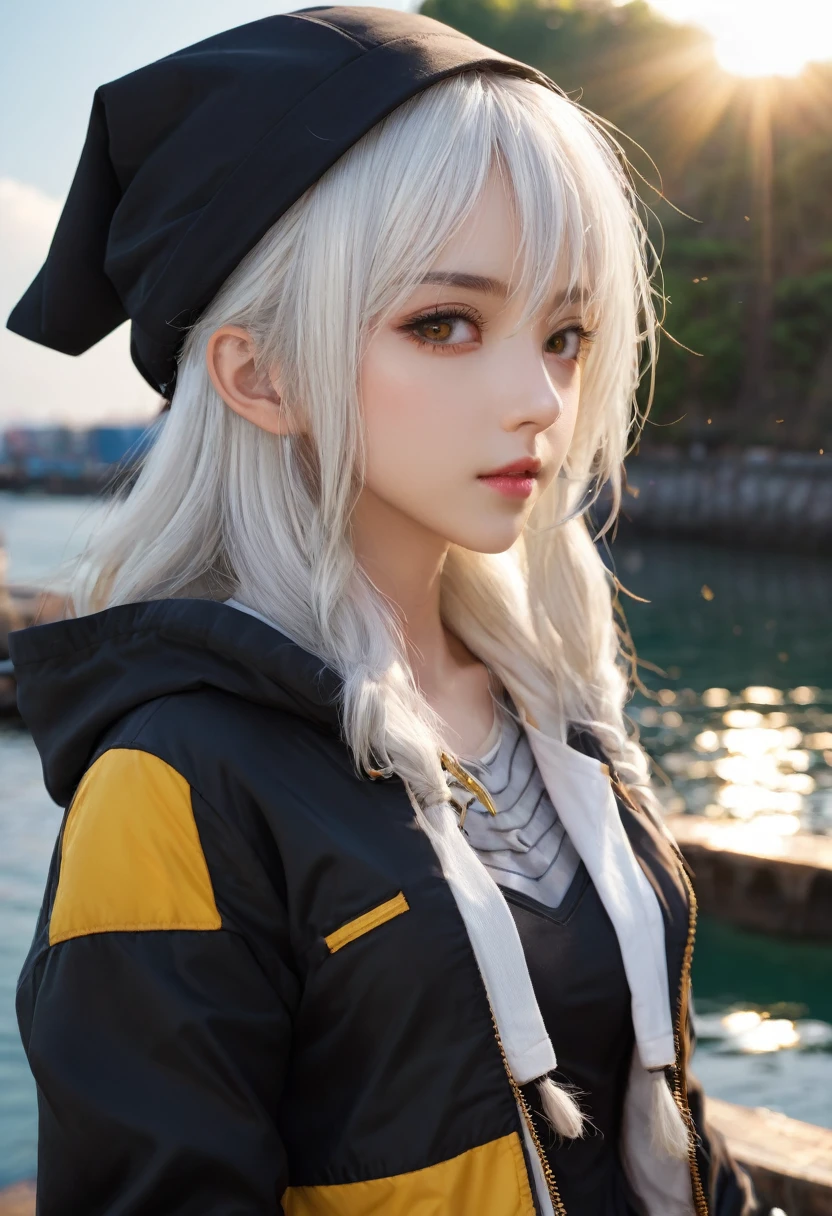 Medium Shot, Medium Shot, Depth of written boundary, bust, Upper Body, Movie angle, masterpiece, Highest quality, Very detailed, CG, 8k wallpaper, Pretty face, Delicate eyes, country々, alone, Long white hair, Yellow Eyes, hairpin, White shirt, black hooded jacket, Black baseball cap, Black Stockings, Black knee-high boots, sunset, 中世のport, port, Detailed water surface, Sun reflection