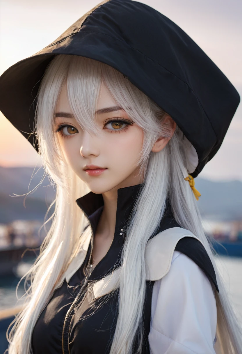 Medium Shot, Medium Shot, Depth of written boundary, bust, Upper Body, Movie angle, masterpiece, Highest quality, Very detailed, CG, 8k wallpaper, Pretty face, Delicate eyes, country々, alone, Long white hair, Yellow Eyes, hairpin, White shirt, black hooded jacket, Black baseball cap, Black Stockings, Black knee-high boots, sunset, 中世のport, port, Detailed water surface, Sun reflection