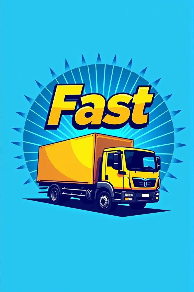 Create a logo for a fast packing company with yellow letters and a blue background,blue rays coming out from behind the truck,letters above the truck