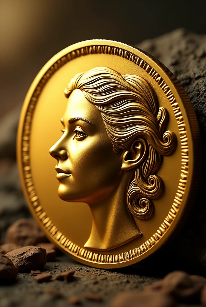 A gold coin, This face has the face of a woman, but in profile, She has a cold look but at the same time she has a small smile drawn on her face.