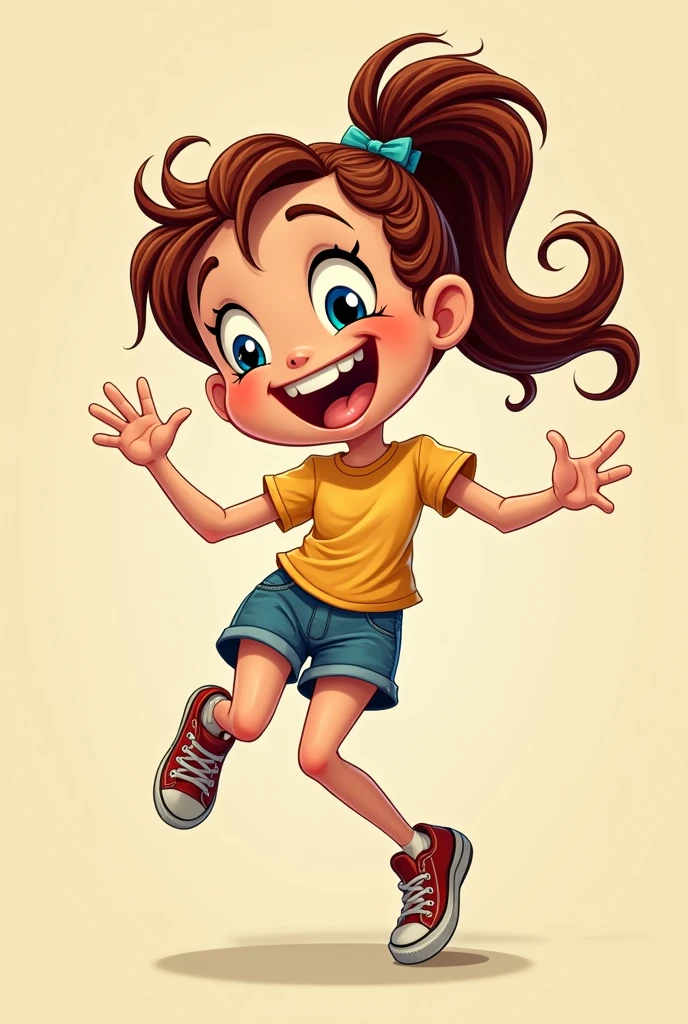 cute cartoonish girl, 1girl, smiling, happy expression, vibrant colors, dynamic pose, whimsical, comedic, slapstick, playful, exaggerated features, dynamic perspective, comic book style, bold outlines, dynamic lighting, warm color palette, high quality, detailed illustration, dynamic composition, humorous, expressive, fun, lively, appealing, charming, lighthearted, dynamic action, amusing, engaging