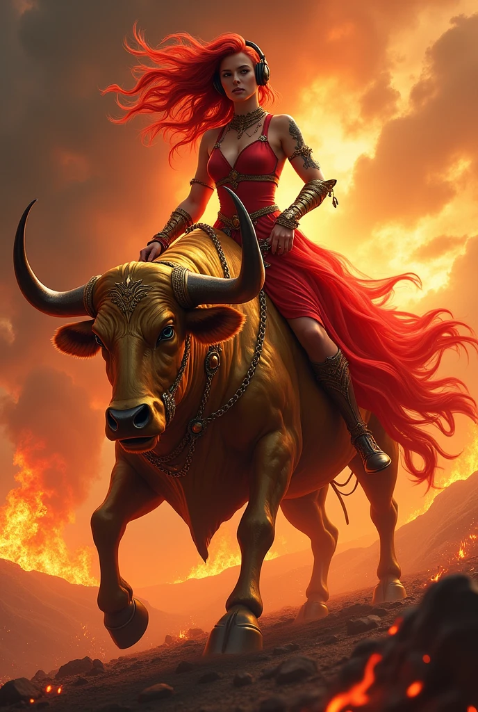 Create a redhead in a red dress wearing a gaming headset and riding a golden bull in a burning hell-like location 