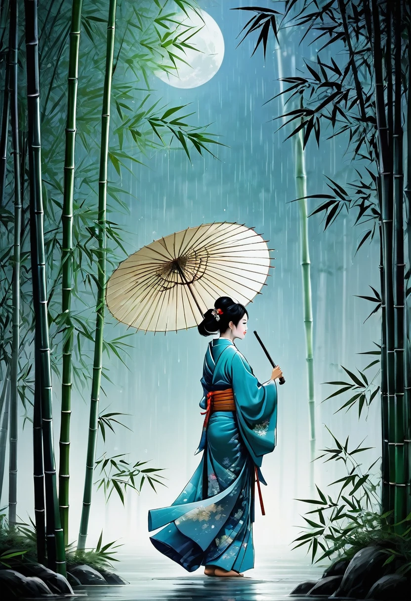 dynamic ink painting of a bamboo grove of japan, great art, great sense of depth, ground level shot, the most beautiful bamboo grove in the world, bamboo leaves shining through rainwater, moon\(pale blue\) with a light overcast, beautiful woman\(ancient Japanese noble, beautiful kimono, beautiful long black hair\) looking up at the moon holding an umbrella,raining softly, fireflies flying around, bamboo leaves are placed three-dimensionally in the foreground, long distance shot,limited color