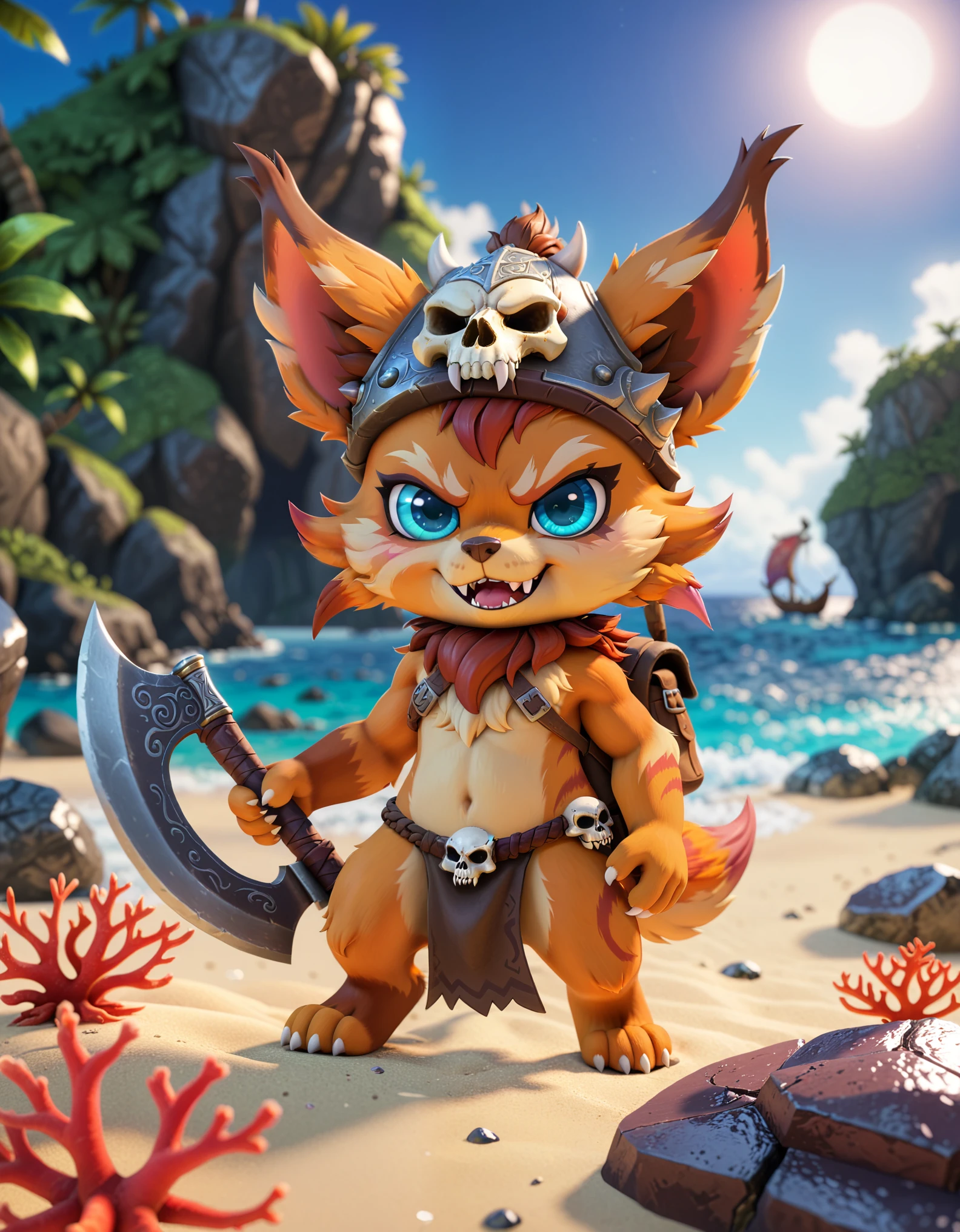 chibi gnar \(lol\), fluffy tail, loincloth, skull hat, axe, angry face, cute fangs, half-length portrait, backpack, BREAK, blender \(software\), source filmmaker, detailed background, detailed foreground, depth of field, ambient silhouette, backlighting, ocean, viking ship, path, plant, ambient coral, rock, island