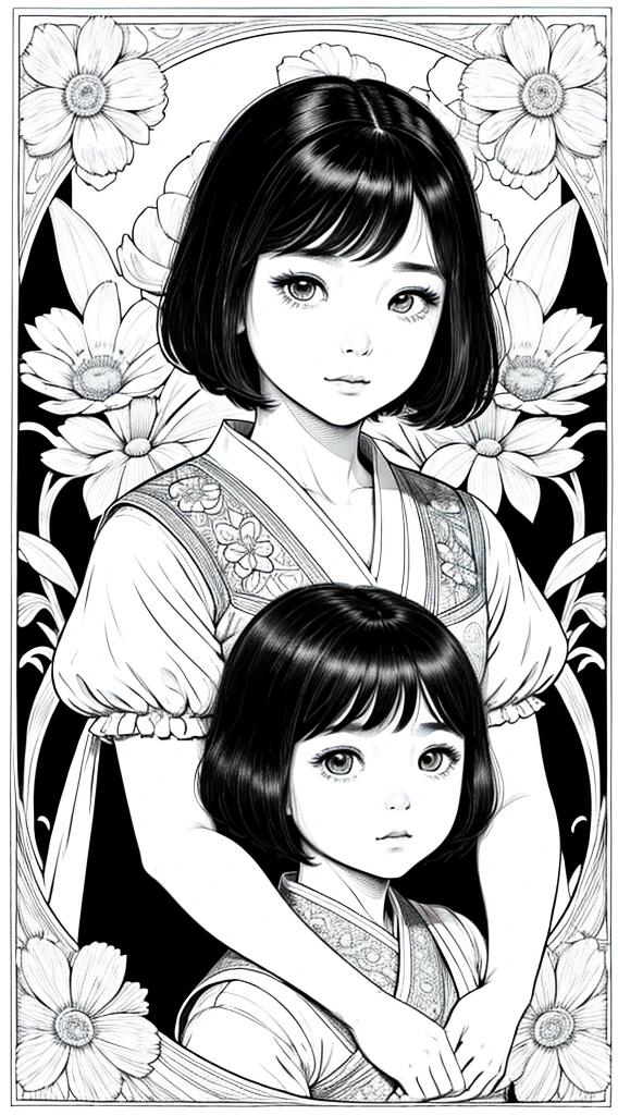 As a coloring book, white and black color, borders should be simple, clear, distinct, and thick lines, By Cartoon picture book of a beautiful Asian girl with short brown hair, A girl looking at camera, (Campo de flores), ((Closeup)), retrato, nuvem, arte de linha