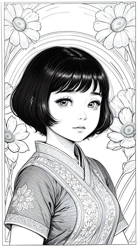As a coloring book, white and black color, borders should be simple, clear, distinct, and thick lines, By Cartoon picture book of a beautiful Asian girl with short brown hair, A girl looking at camera, (Campo de flores), ((Closeup)), retrato, nuvem, arte de linha