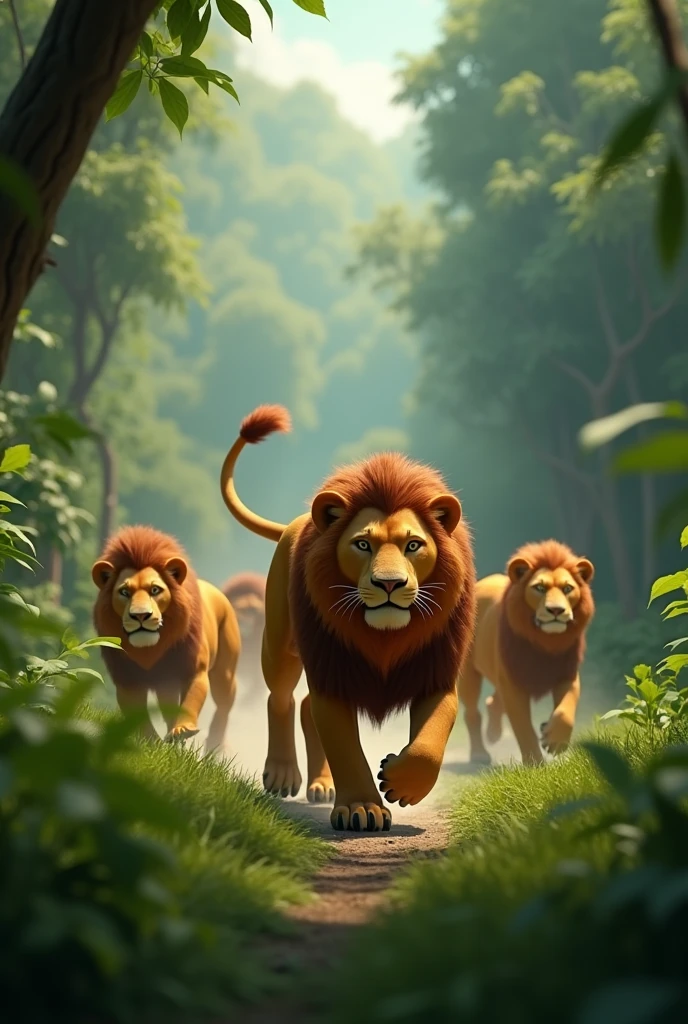 The lions back away running in jungle.In 3d animation