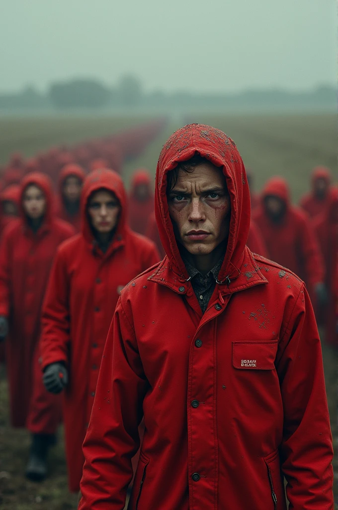 People dressed in red going to fields taking them away from people. There is also a text in Russian that says this is ruining the country but it is impossible to stop it.