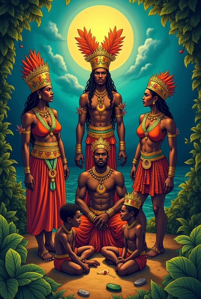 A drawing of (Oxalá, yansa, Oxossi, Yemanja, enveloped, nana, Ogun and Oxum)