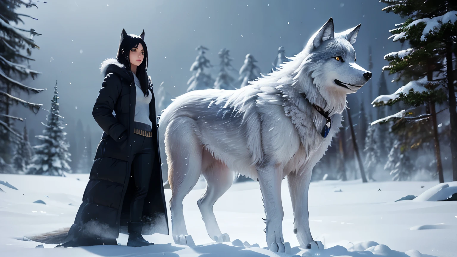 Elf Woman, Black Hair, Black Pants, White Winter Coat, Snowy Mountain Forest , ((In a Blizzard)), (Nighttime), (in the Dark), ((Stalked by Wolves)), ((Huge Wolf)), ((Wolf in Background))