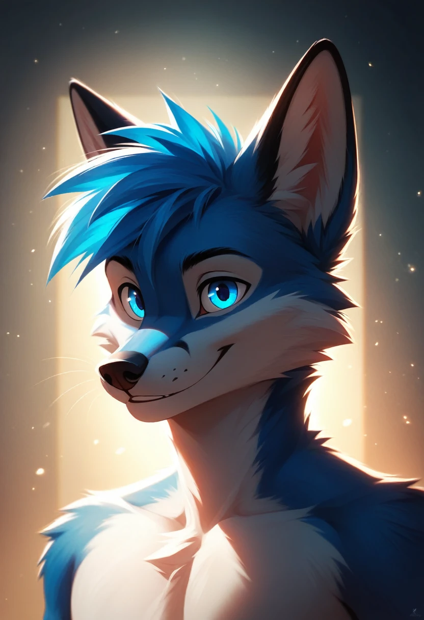 solo male, white fox, furry, smiling, red fur, Black fur stripe, netral, Traumatized face, dynamic lighting, illustration, beautiful, particles (high quality,4k,8k,highres,masterpiece:1.2), ultra-detailed, impressionistic:colorful,furry anthropomorphic human wolf white blue fur hair on the head blue hair on the head blue tail eyes blue eyes blue