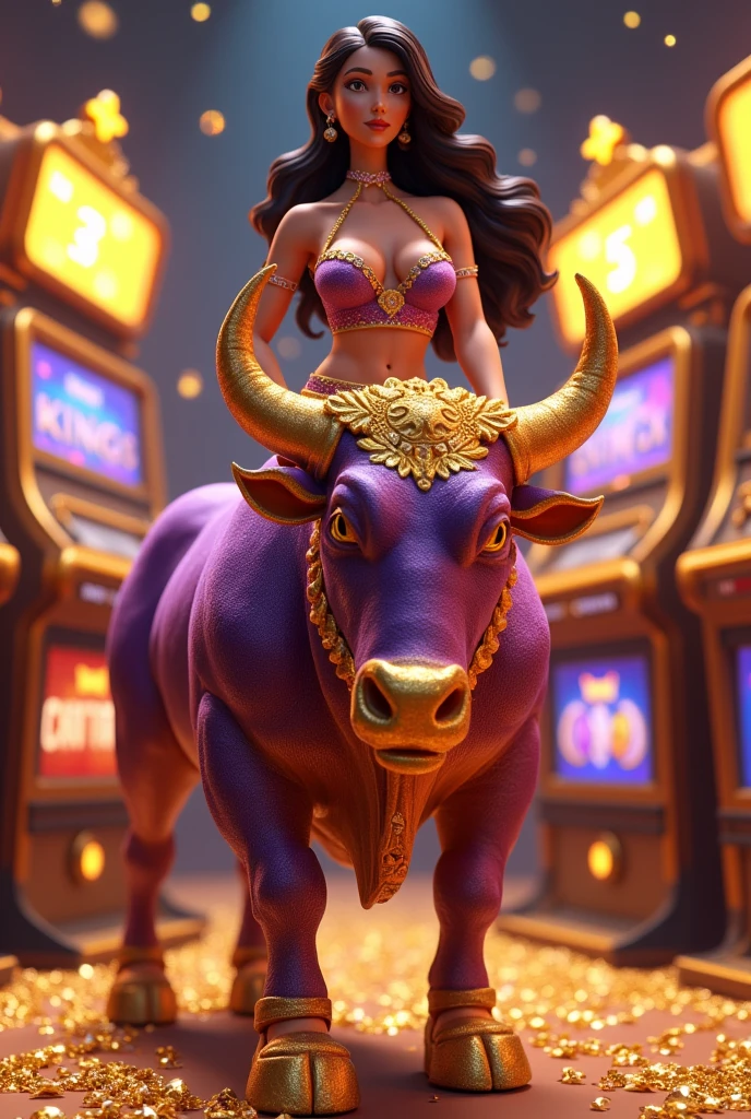 Animación 3D Toro mujer de colores dorado and morado que lleva el nombre en la parte superior "Red Bulls Kings", "support Matias Gazilazo", "Dana Michelle Team" and "Cashier Karina" escrito con letras doradas and diamantes.
Golden slot machines in the background.