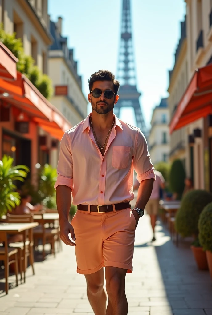Create a vibrant summer fashion scene featuring a Hispanic male model with clear eyes and black hair. The model, with a stylish and athletic build, is dressed in a casual yet chic summer outfit suitable for a sunny day out in Paris. He’s wearing a light, breathable linen shirt in a soft pastel color, unbuttoned at the top to capture the relaxed vibe. Paired with tailored shorts in a complementary shade, the outfit exudes effortless style. The look is completed with comfortable yet fashionable loafers, a stylish belt, and a pair of sunglasses that add a touch of sophistication.
Situation:
The scene is set on a sunny day in the heart of Paris, near the iconic Eiffel Tower. The sky is clear, and the sun bathes the surroundings in a warm, golden light. The model is strolling along a charming Parisian street, lined with chic cafes, boutique shops, and vibrant greenery. The Eiffel Tower stands tall in the background, adding a sense of grandeur to the scene. The model’s relaxed yet confident demeanor reflects the leisurely pace of a summer day in Paris.
The composition captures the model in motion, with both hands casually at his sides, one slightly brushing against his pocket. His expression is one of contentment and ease, as he takes in the beauty and atmosphere of the city. The soft breeze adds a slight movement to his shirt, enhancing the casual elegance of the outfit. The lighting is natural, with the sunlight highlighting the model’s features and the light fabrics of his outfit, creating a scene that feels both stylish and effortlessly cool.
Keywords: elegance, summer, fashion, Paris, Eiffel Tower, stylish, chic, relaxed, sophisticated, sunny, vibrant, effortless, travel, city, model, outdoor, casual.
