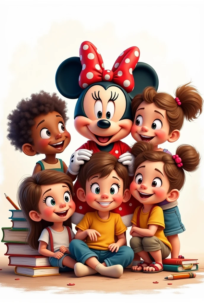 hand drawing of several smiling children full body and Minnie Disney sitting in the middle of them taking care, amidst books and pencils, white background disney pixar style