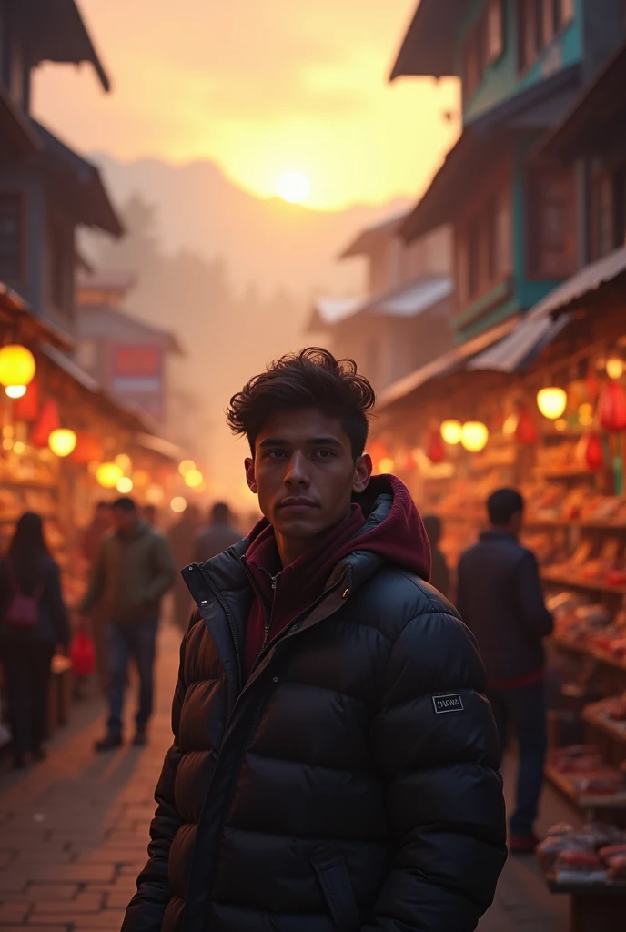 Show boy is enjoying afternoon close to sunset environment in best place sikkim , india. Boy is 20 years old wearing winter jacket. People are walking in the street market in front of boy. Show boy in spotlight like hero. Pov from behin̈d the boy. Don't show face of boy keep camera angle like that boy is facing towards crowd