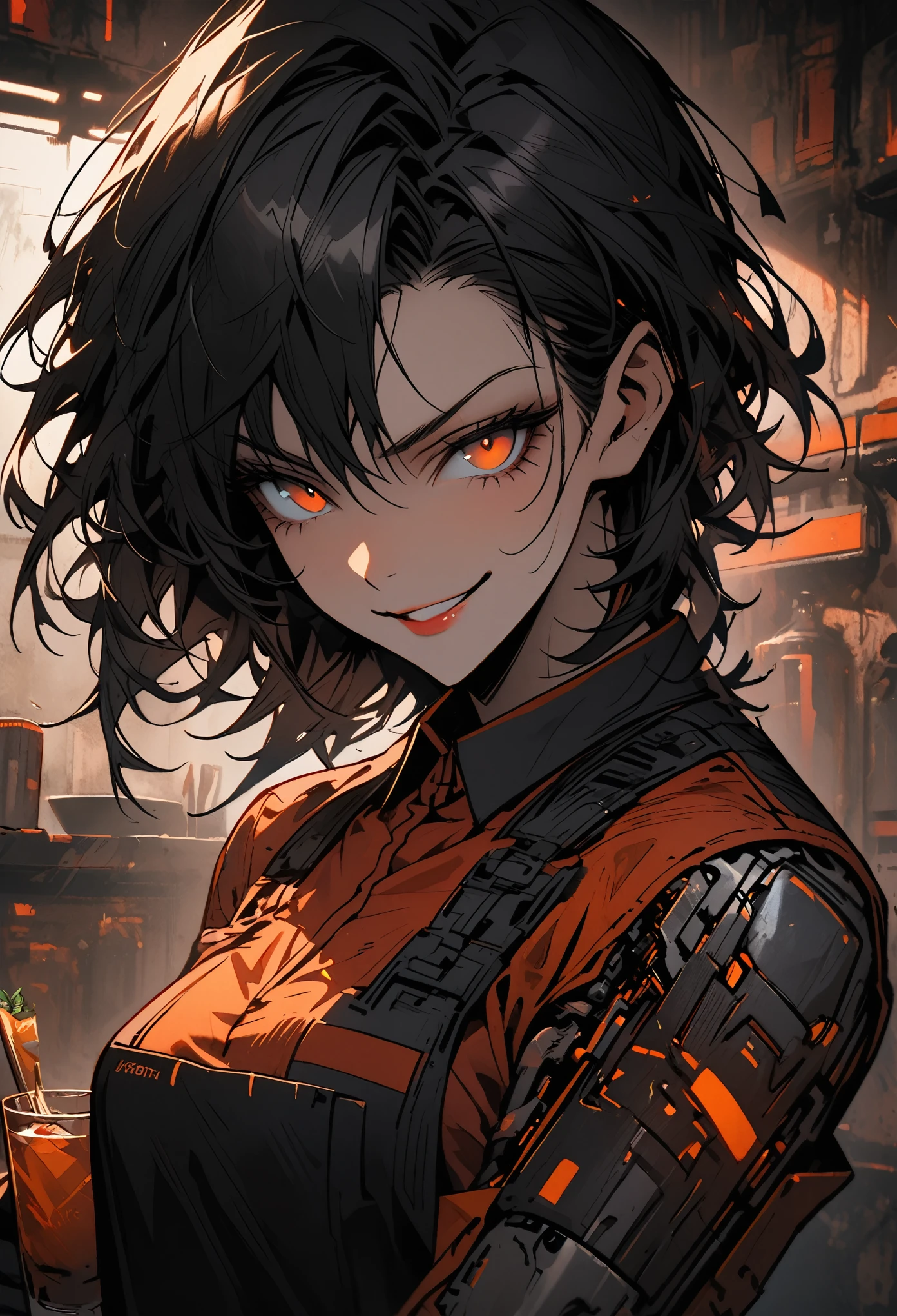 female, solo, short messy black hair, amber eyes, cybernetic arms, athletic build, grungy bar, futuristic, smirk, mature, bartender, close up, preparing drinks,