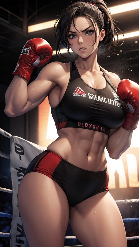 Underground_arena_boxing,boxer_girl,boxing_ring,muscular_body,atlhetic_shape,pretty_girl,sweat_body,angry_face,boxing_gloves