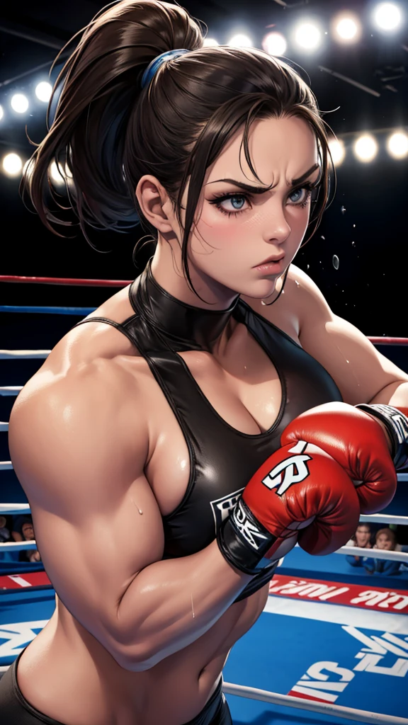 Underground_arena_boxing,boxer_girl,boxing_ring,muscular_body,atlhetic_shape,pretty_girl,sweat_body,angry_face,boxing_gloves