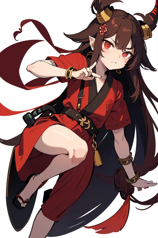 The demon boy is a yokai. On the head
a red mask, brown hair laid on its side, and small gold earrings on her ears. there are also red horns on the head, narrow pupils. he is dressed in Japanese scarlet-red clothes and a mini dress type, a katana hangs from a special sneeze on his belt and there is a demonic fluffy tail at the end, as well as gold bracelets on one of his hands, pointed ears. full body, white background, 1 boy
