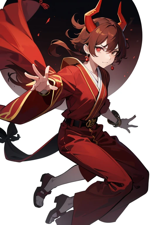 The demon boy is a yokai. On the head 
a red mask, brown hair laid on its side, and small gold earrings on her ears. there are also red horns on the head, narrow pupils. he is dressed in Japanese scarlet-red clothes and a mini dress type, a katana hangs from a special sneeze on his belt and there is a demonic fluffy tail at the end, as well as gold bracelets on one of his hands, pointed ears. full body, white background, 1 boy