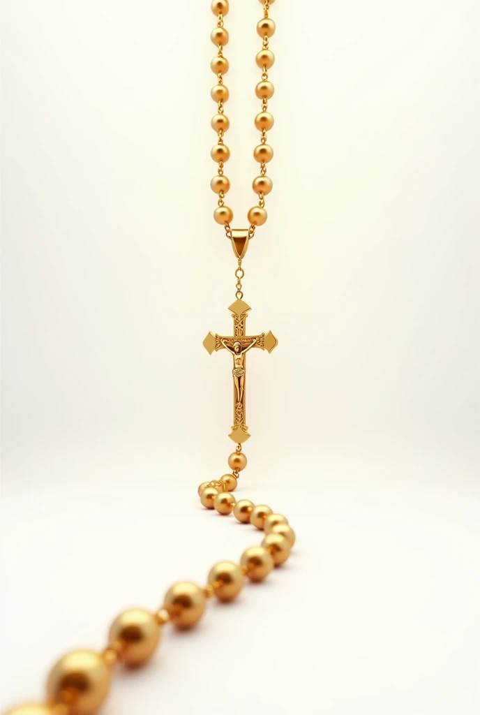 Make me in white background, 3d animated illustration of a rosary chain with a cross, I want these to be in gold color
