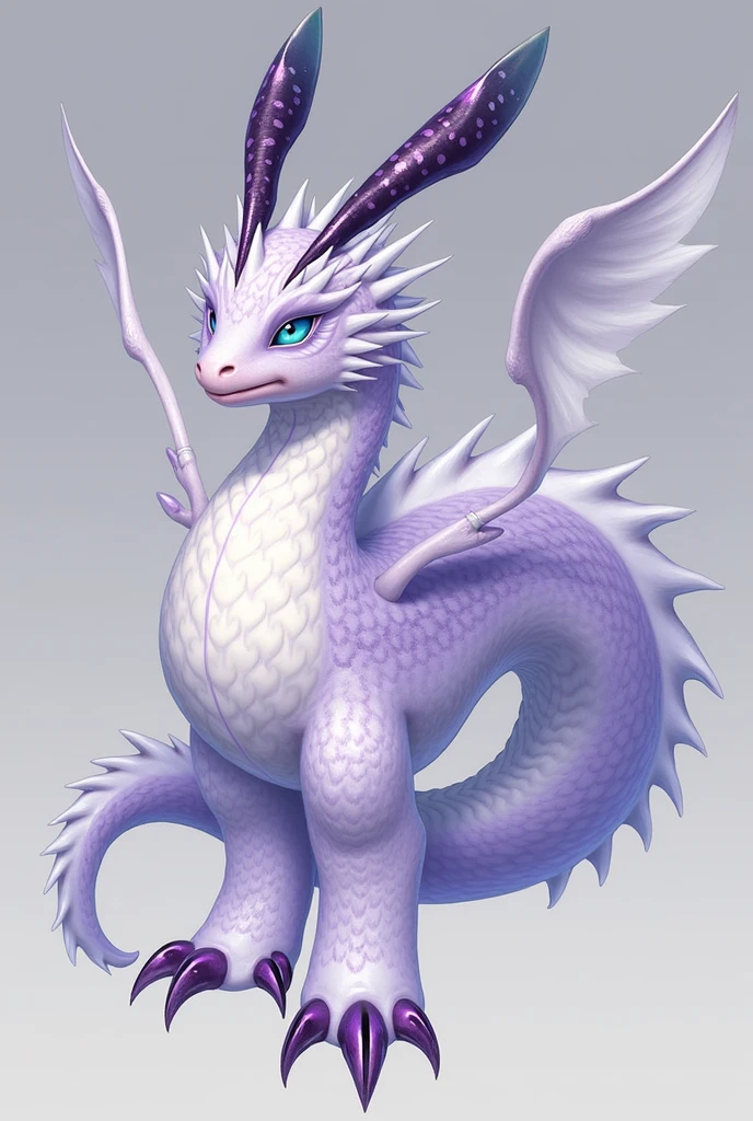 A mizutsune from the Monster Hunter game series with the characteristics of pale, lilac-hued scales.. On the sword and on the head there are some kind of fins with metallic purple-blue spots and on the tip turning black., while its tail, Belly and legs are covered with white fur ending in lilac tips.