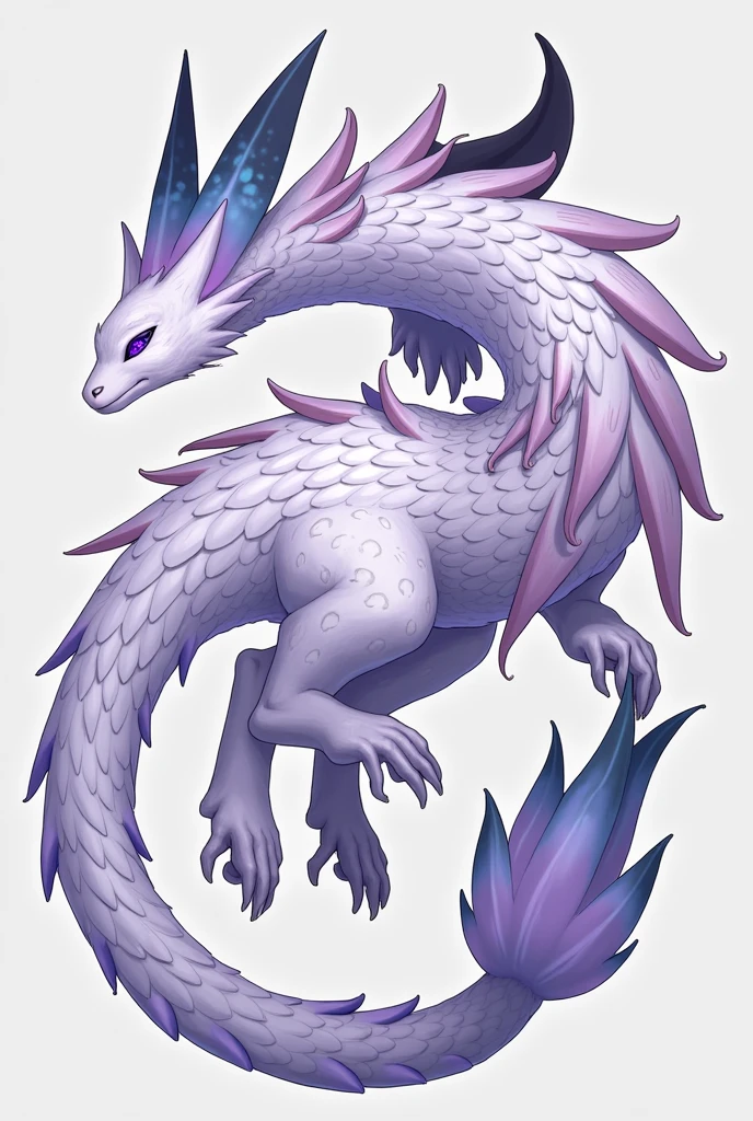 A mizutsune from the Monster Hunter game series with the characteristics of pale, lilac-hued scales.. On the sword and on the head there are some kind of fins with metallic purple-blue spots and on the tip turning black., while its tail, Belly and legs are covered with white fur ending in lilac tips.