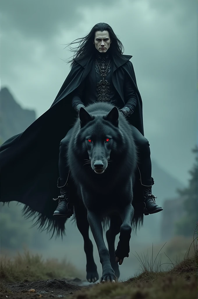 Vampire long black hair , red eyes , transporting himself on a black furred wolf , 4K