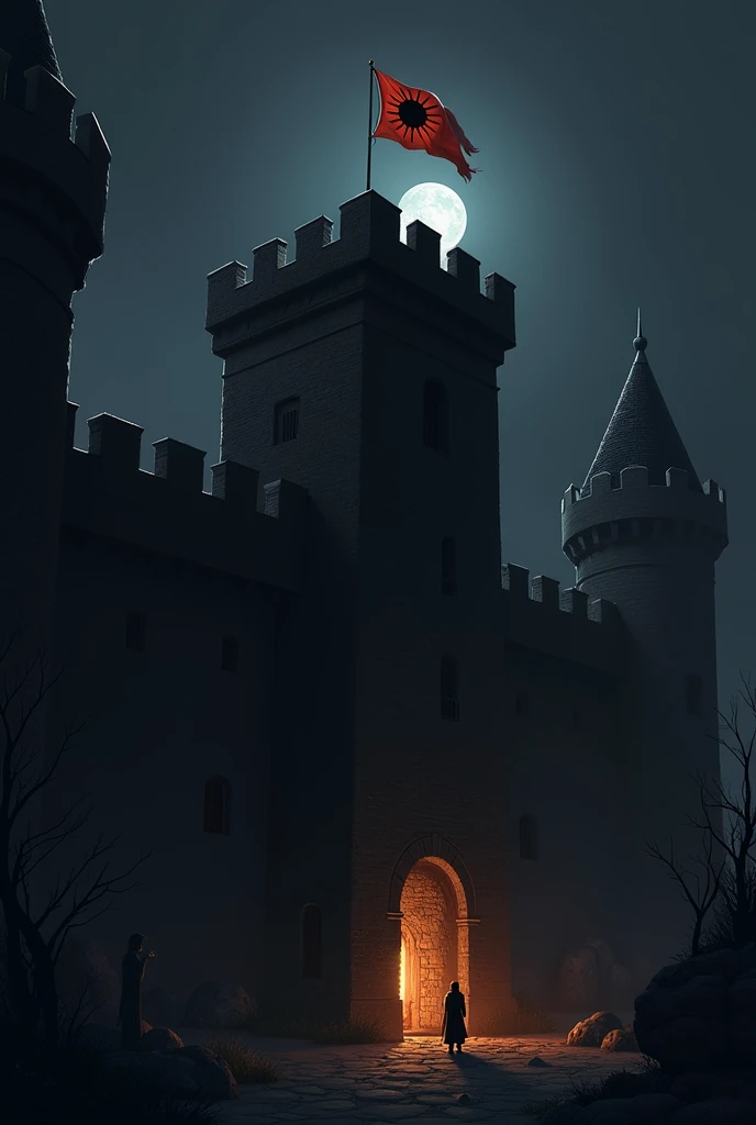 Create 2D artwork and drawing style, Make a medieval castle, he has a wall, he has a flag with the silhouette of a sun printed on it, hight contrast, two tone lighting small flag, lookout tower, natta, low lighting, small moon, gate, guardas no gate