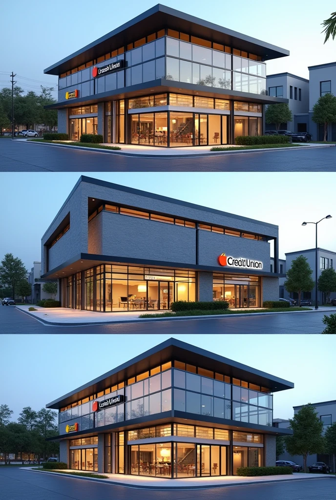 Make me three identical images but from different angles of a credit union.