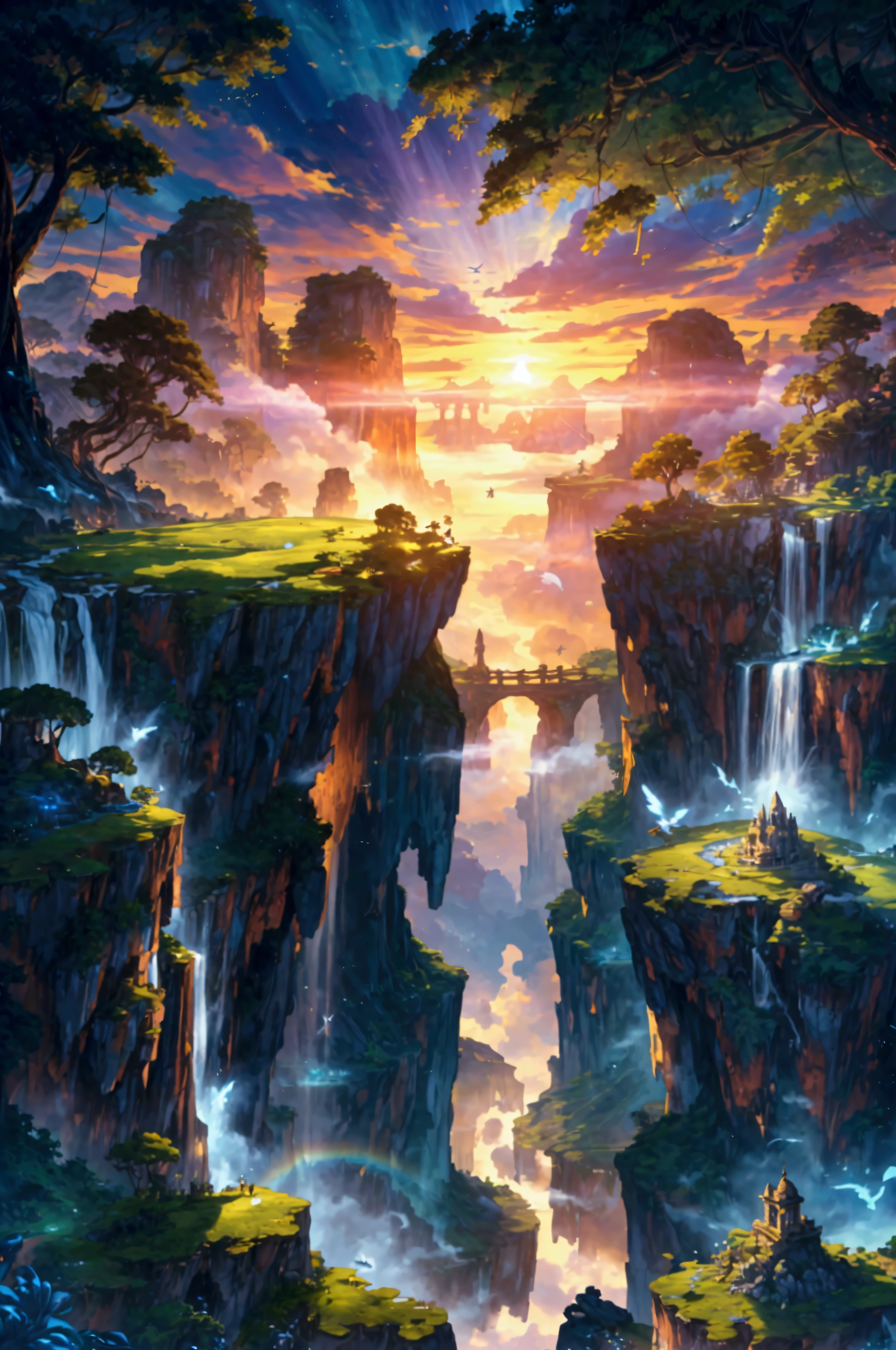 "An awe-inspiring ultra-high-definition 4K digital painting of a fantastical world where massive floating islands drift high above the clouds, connected by delicate rope bridges and cascading waterfalls. The islands are covered in lush, vibrant greenery, with ancient trees whose roots wrap around the rocky surfaces, anchoring them in mid-air. Each island is a miniature ecosystem, teeming with colorful flowers, exotic plants, and small creatures that thrive in this skybound paradise. Majestic waterfalls flow from the edges of the islands, their crystal-clear waters disappearing into the misty void below, creating rainbows that shimmer in the sunlight.In the distance, more floating islands can be seen, some adorned with towering spires of stone, others with sprawling, vine-covered ruins of an ancient civilization. The sky is a brilliant gradient of warm oranges and deep purples, as the sun sets on this magical world, casting a golden glow over the landscape. Fluffy clouds drift lazily between the islands, their soft edges catching the last light of day, adding to the dreamlike quality of the scene.Graceful airships and winged creatures glide through the sky, navigating the space between the islands with ease, their silhouettes outlined against the vibrant backdrop. The entire scene is rich with intricate details, from the textures of the ancient stone ruins to the delicate patterns of the plants and trees, creating a sense of wonder and exploration. This digital painting captures the beauty and serenity of a world where gravity has no hold, and nature reigns supreme in a breathtaking, otherworldly environment.