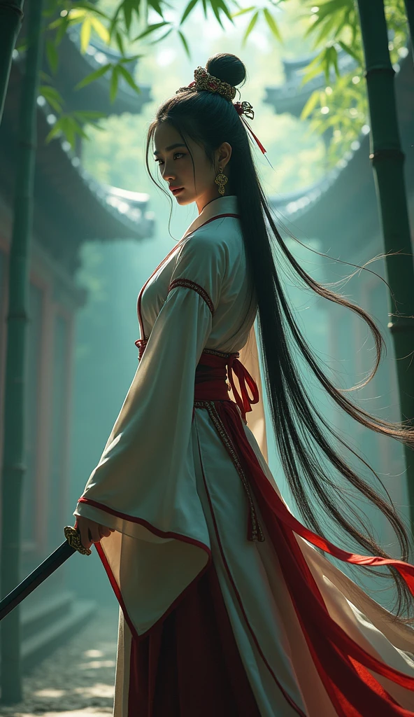 (dramatic, Grainy, intense:1.4),masterpiece, Highest quality, 8k, Insane Details, Intricate details, Super detailedな, super high quality, Attention to detail, Super detailed, masterpiece, One person,alone, Hanfu,dress,Red ribbon,jewelry,Wind,Long sleeve,Long Hair, hair ornaments,Tassel, (whole body:0.8), Have a weapon, sword, A tense shot of a realistic bamboo forest Chinese architecture looking at the viewer(Visual impact,Give your poster a dynamic and visually striking look:1.2),Chinese Zen Style,High-impact photos,