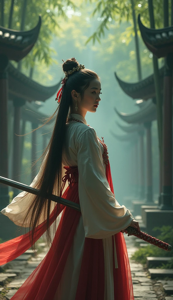 (dramatic, Grainy, intense:1.4),masterpiece, Highest quality, 8k, Insane Details, Intricate details, Super detailedな, super high quality, Attention to detail, Super detailed, masterpiece, One person,alone, Hanfu,dress,Red ribbon,jewelry,Wind,Long sleeve,Long Hair, hair ornaments,Tassel, (whole body:0.8), Have a weapon, sword, A tense shot of a realistic bamboo forest Chinese architecture looking at the viewer(Visual impact,Give your poster a dynamic and visually striking look:1.2),Chinese Zen Style,High-impact photos,