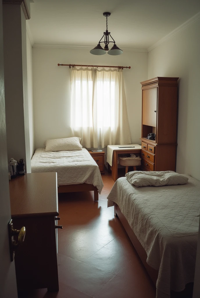 3 bethrooms of a person from Peru, white walls, not so luxurious, and it looks like it was taken from a person's camera