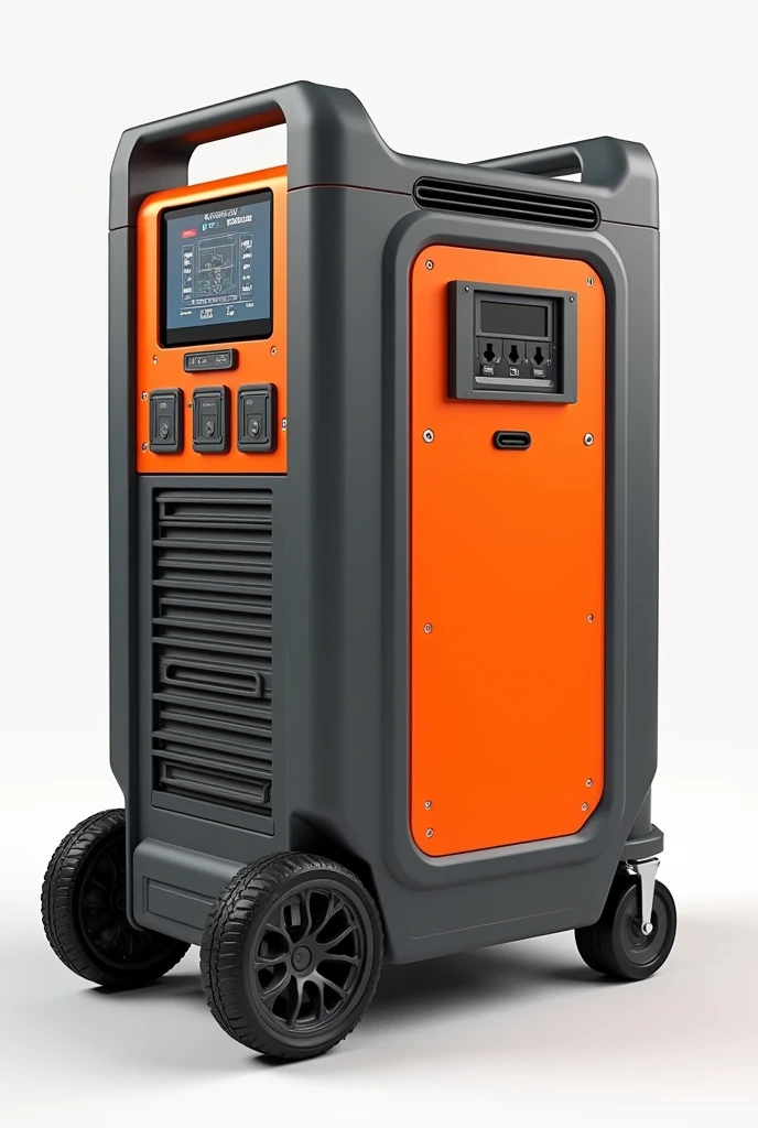 It has a control screen on the front, 4 230V socket inputs, and 4 USB ports and 3 Type-C inputs and is 60cm high. width 35cm. width 56cm. Power station with 4 wheels color is orange and gray