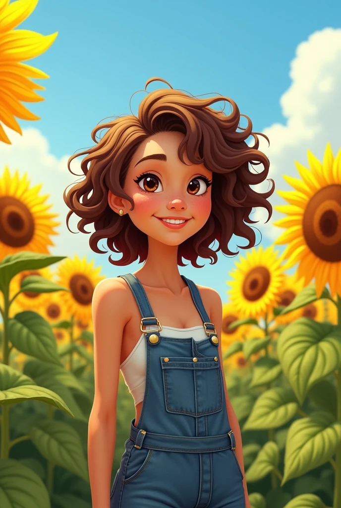 Cartoon white Woman with brown kinky curly hair, hazel eyes standing in a sunflower field wearing only overalls