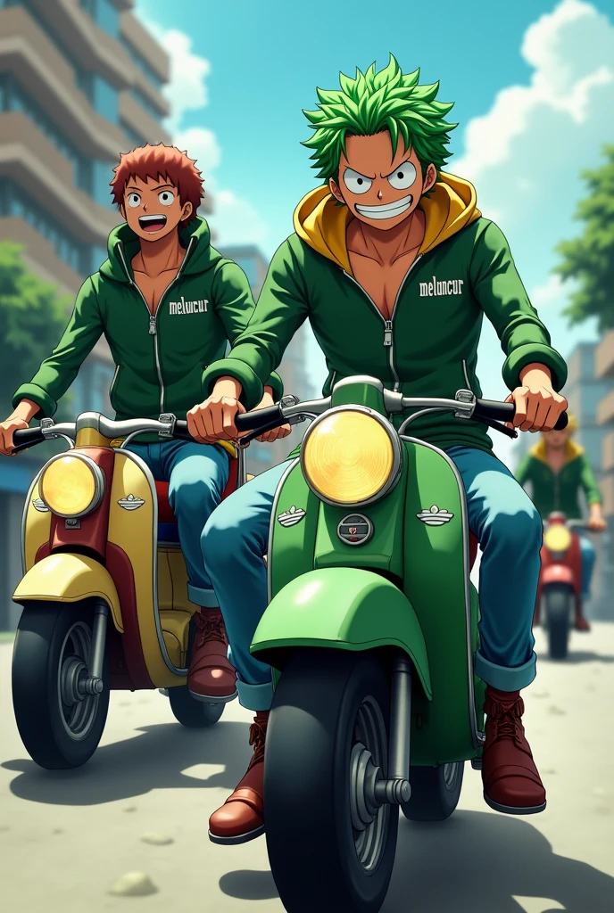 Anime one piece zoro riding a mini moped , Zoro takes all his members on their respective motorbikes , they all wear green jackets , on the front of the jacket there is the text MELUNCUR and the Adidas jacket brand, wearing long jeans, and wear motorcycle boots, all members are excited to travel