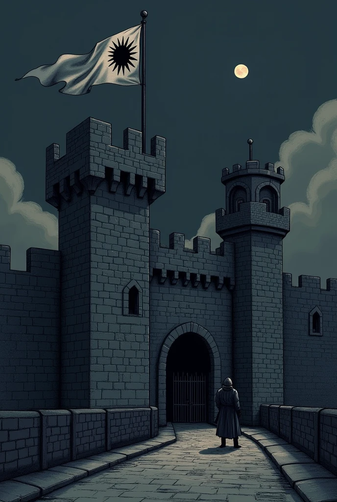 Create 2D artwork and drawing style, Make a medieval castle, he has a wall, he has a flag with the silhouette of a sun printed on it, hight contrast, two tone lighting small flag, lookout tower, natta, low lighting, small moon, gate, guardas no gate, 2D drawing